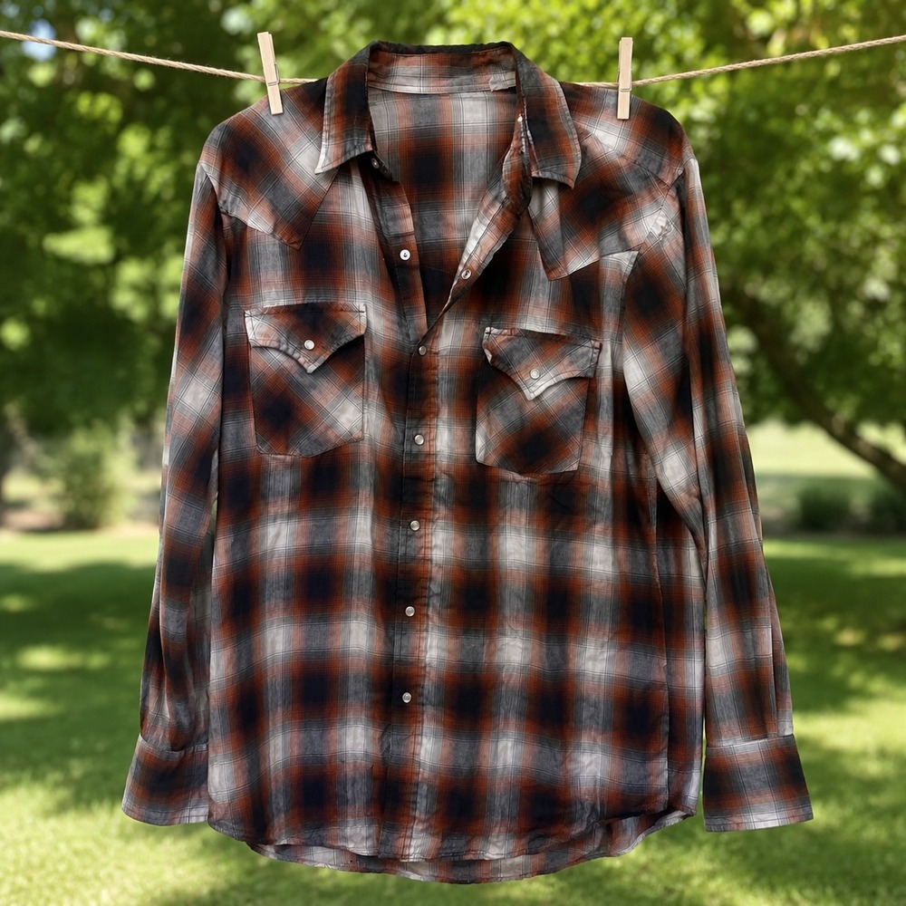 Plains Western Wear Pearl Snap Shirt Men's M Rust Gray Plaid Western Long Sleeve